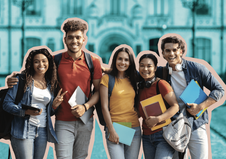 Smiling students stand in a row